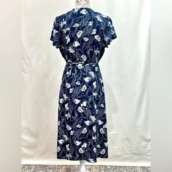 LEITH Navy Blue and White floral Wrap Midi Dress with Flutter Sleeves size M - Picture 8 of 13